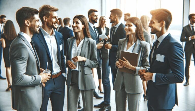 Networking de emprendedores y empresarios en un evento tecnológico.