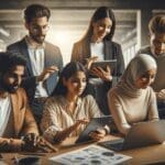 Equipo multicultural reunido en un espacio de trabajo moderno, colaborando en laptops y tablets.