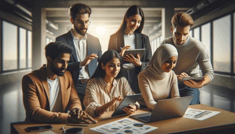 Equipo multicultural reunido en un espacio de trabajo moderno, colaborando en laptops y tablets.