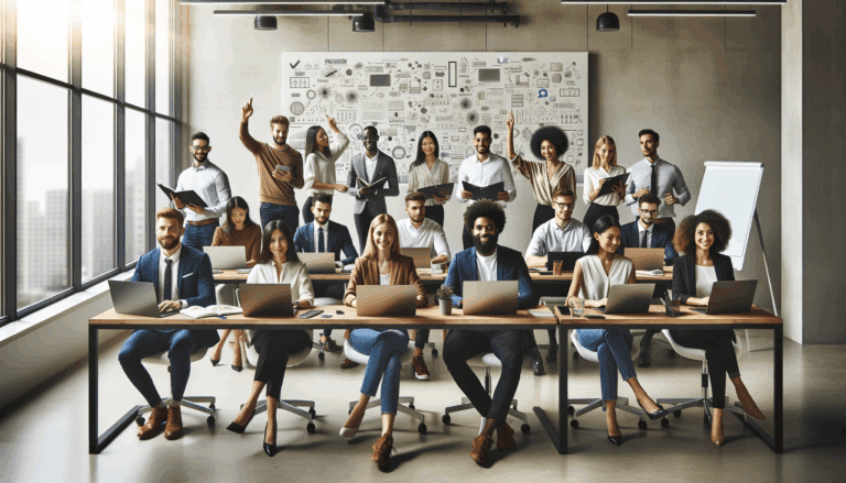 Grupo diverso de emprendedores trabajando en una oficina moderna, con laptops y pizarras llenas de ideas.