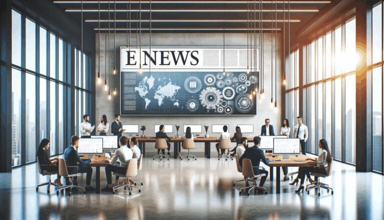 Emprendedores reunidos en una oficina moderna, rodeados de pantallas y dispositivos digitales.