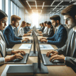 Oficina moderna con jóvenes empresarios latinoamericanos trabajando en laptops y pantallas, ambiente colaborativo y tecnológico.