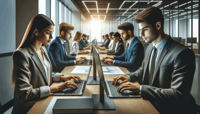 Oficina moderna con jóvenes empresarios latinoamericanos trabajando en laptops y pantallas, ambiente colaborativo y tecnológico.