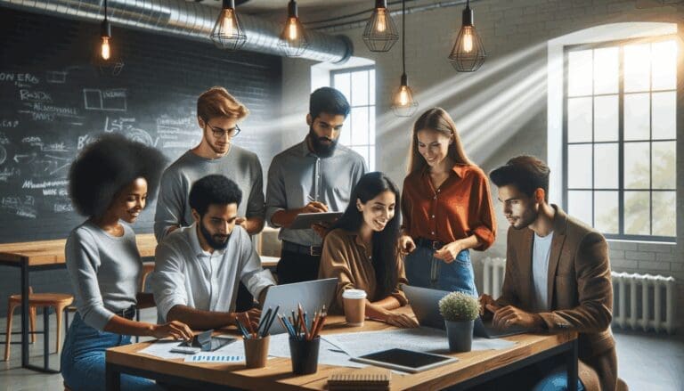 Jóvenes profesionales colaborando en un espacio moderno de coworking con pizarras y laptops.