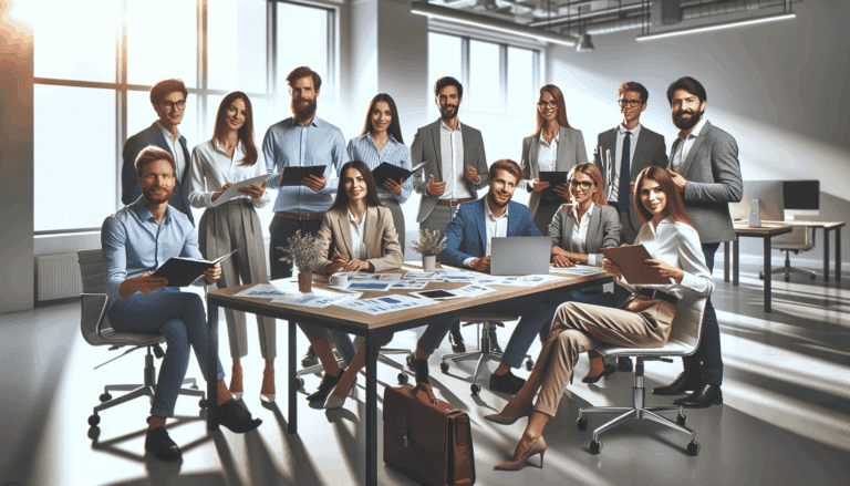 Grupo diverso de emprendedores y empresarios colaborando en un espacio de coworking moderno.