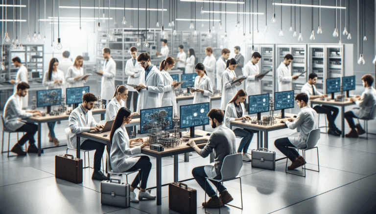 Laboratorio tecnológico con jóvenes emprendedores trabajando en soluciones innovadoras.