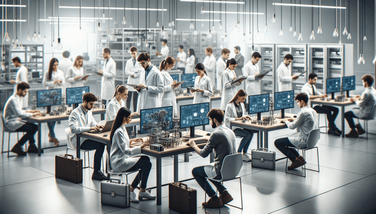 Laboratorio tecnológico con jóvenes emprendedores trabajando en soluciones innovadoras.
