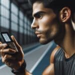 Primer plano de un atleta usando un dispositivo tecnológico sencillo para evaluar su rendimiento, en un entorno deportivo moderno.