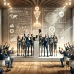 Equipo multinacional celebrando en un auditorio moderno tras ganar un premio de innovación.