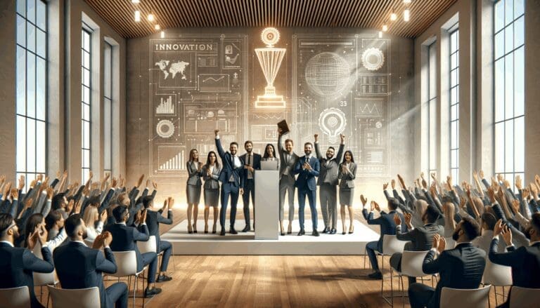 Equipo multinacional celebrando en un auditorio moderno tras ganar un premio de innovación.