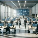 Oficinas modernas con equipos de trabajo y pantallas mostrando gráficos de datos y tecnología.