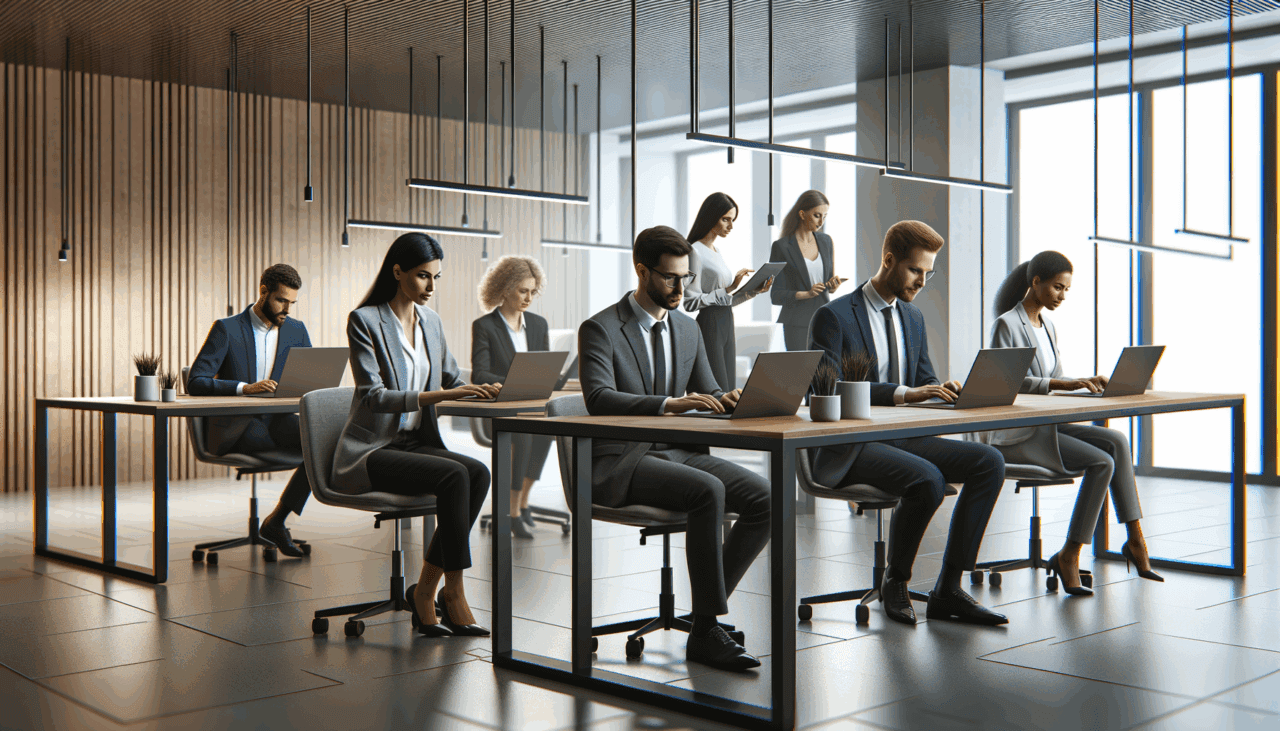 Oficina moderna con jóvenes profesionales trabajando en laptops, ambiente colaborativo tecnológico.