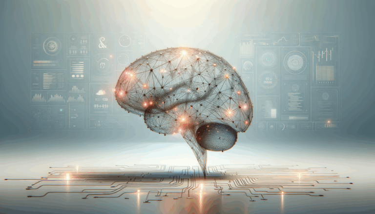 Ilustración de un cerebro digital conectado a datos y algoritmos, sobre fondo claro y minimalista.