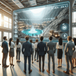 Jóvenes profesionales observando una simulación virtual de minería sostenible en una sala futurista.