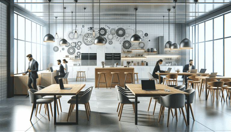 Espacio moderno de coworking con mesas, emprendedores trabajando y elementos de cocina innovadora.