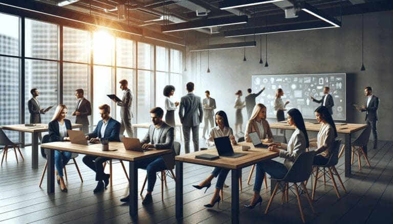 Emprendedores colaborando en un moderno espacio de coworking, laptops y pizarras digitales visibles.