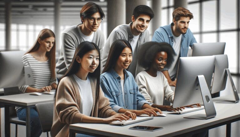 Grupo diverso de jóvenes colaborando frente a computadoras en un entorno universitario moderno.