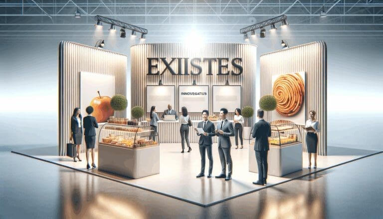 Exposición moderna con emprendedores mostrando alimentos innovadores, ambiente luminoso, estilo feria tecnológica.
