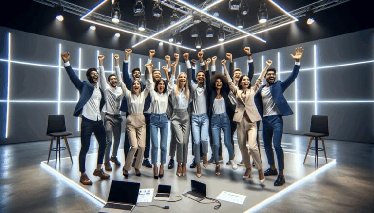 Jóvenes emprendedores celebrando en un escenario moderno y futurista, con iluminación de evento tecnológico.
