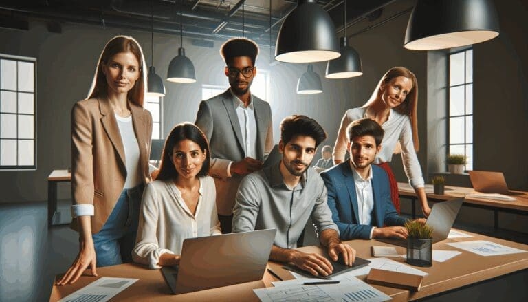 Grupo de jóvenes profesionales colaborando en un espacio de coworking con ambiente moderno y tecnología.