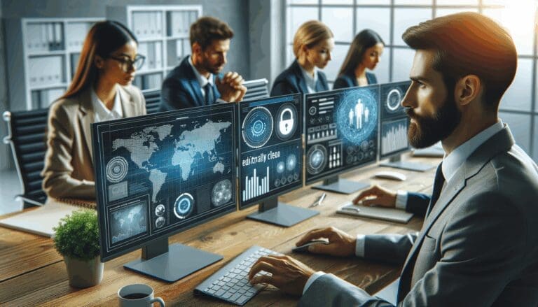 Primer plano de profesionales analizando datos de ciberseguridad en una oficina moderna, pantallas con gráficos y mapas digitales.