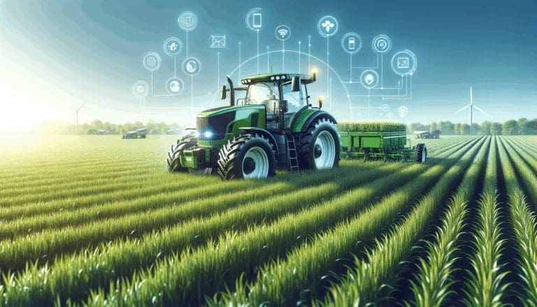 Tractor autónomo en un campo verde rodeado de sensores y tecnología agrícola bajo cielo despejado.