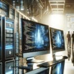 Primer plano de servidores y pantallas con código en un entorno tecnológico moderno.