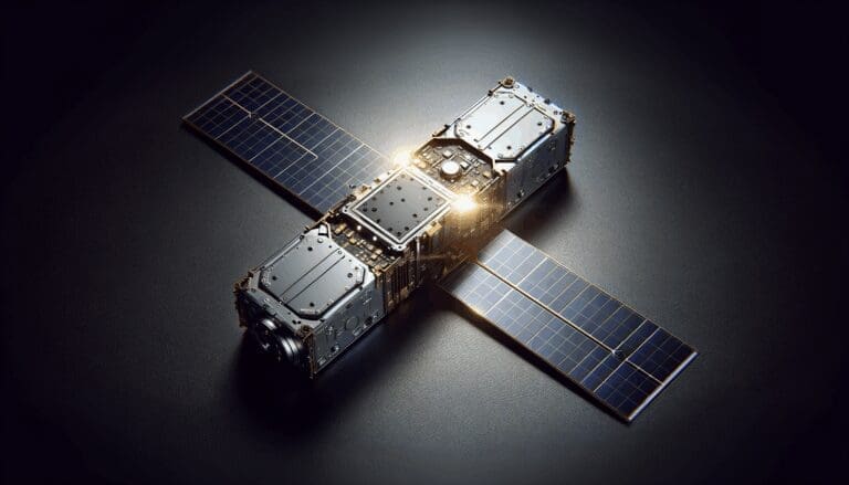 Primer plano de un pequeño satélite sobre fondo oscuro, resaltando tecnología espacial de última generación.