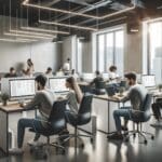 Sala de coworking con jóvenes emprendedores trabajando en computadoras, ambiente tecnológico y moderno.
