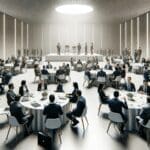 Salón de eventos moderno con emprendedores y líderes empresariales conversando en mesas redondas.