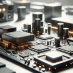 Primer plano de placas de circuito y chips sobre una mesa de trabajo en ambiente de oficina tecnológica.