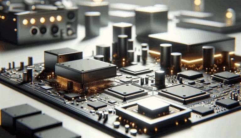 Primer plano de placas de circuito y chips sobre una mesa de trabajo en ambiente de oficina tecnológica.