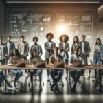 Jóvenes emprendedores reunidos en una sala de conferencias tecnológica, laptops sobre la mesa y pantallas digitales al fondo.