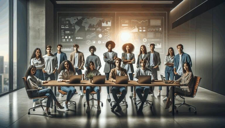 Jóvenes emprendedores reunidos en una sala de conferencias tecnológica, laptops sobre la mesa y pantallas digitales al fondo.