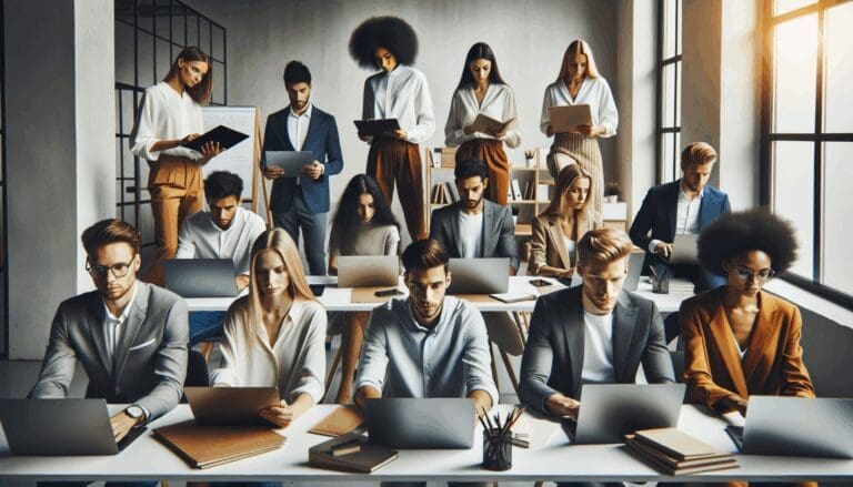 Fotografía editorial de jóvenes emprendedores trabajando en una oficina moderna con pizarras y laptops.
