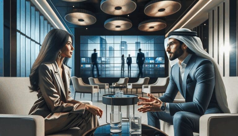 Dos emprendedores conversando frente a pantallas de televisión en un entorno exclusivo y moderno.