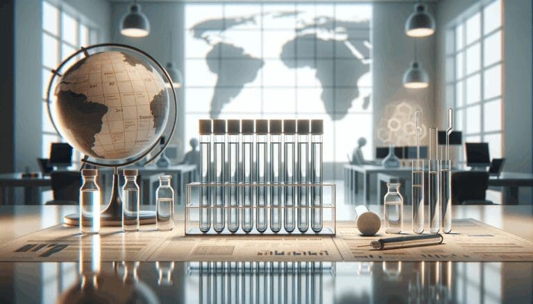 Primer plano de tubos de ensayo y muestras de laboratorio en un entorno de oficina moderna con luz neutra.