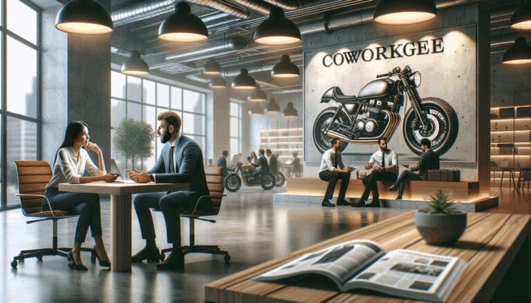 Personas conversando en un espacio de coworking moderno con motocicletas en exhibición de fondo.