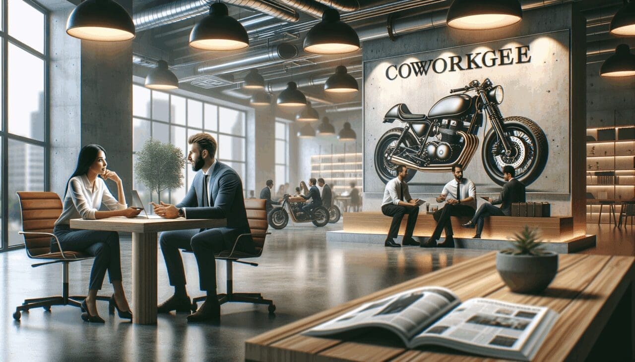 Personas conversando en un espacio de coworking moderno con motocicletas en exhibición de fondo.