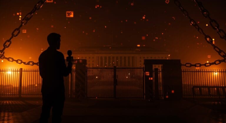 Periodista frente al Pentágono con restricciones de acceso, simbolizando la censura y regulación de medios en libertad de prensa.