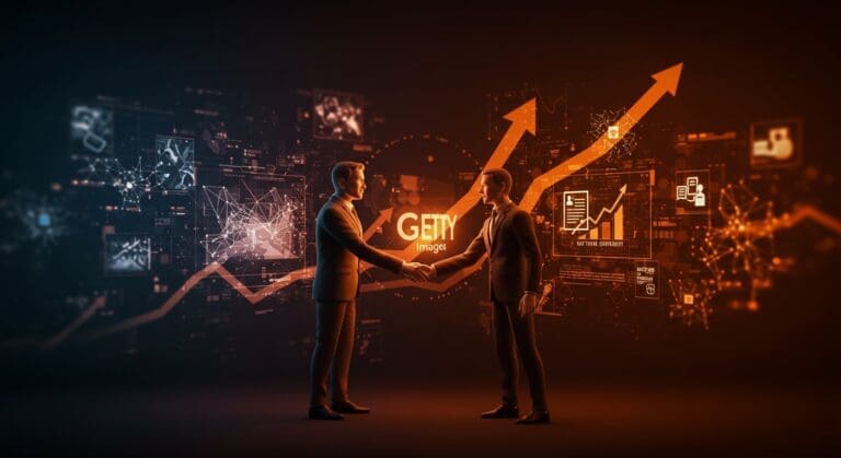 Firma del acuerdo multianual entre Perplexity y Getty Images mostrando uso de imágenes AI y tendencias de mercado con aumento en acciones.
