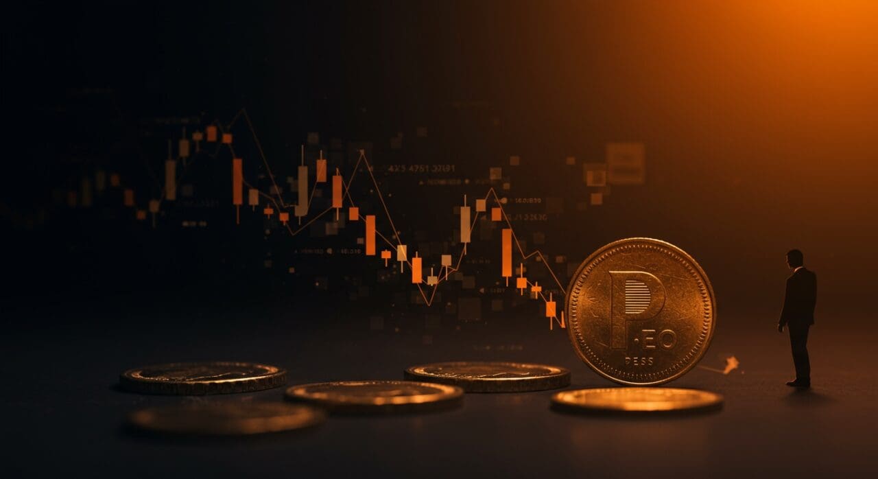 Caída histórica del peso argentino reflejada en una gráfica financiera oscura con flechas descendentes y símbolos de crisis cambiaria en mercados emergentes.
