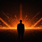 Peter Thiel contemplando un horizonte digital con metáforas visuales de inteligencia artificial, ética tecnológica e innovación en startups.