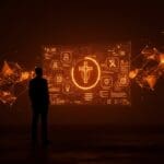 Peter Thiel contemplando la intersección entre tecnología y profecía en Silicon Valley con símbolos visuales de innovación y espiritualidad.