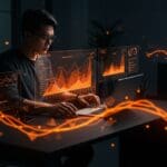 Founder tech utilizando tablas dinámicas con Rill MCP server para BI conversacional y crecimiento SaaS en un entorno futurista.