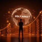 Shayne Coplan y Polymarket representados con elementos de blockchain y financiación en una escena editorial dinámica en tonos naranja y negro.