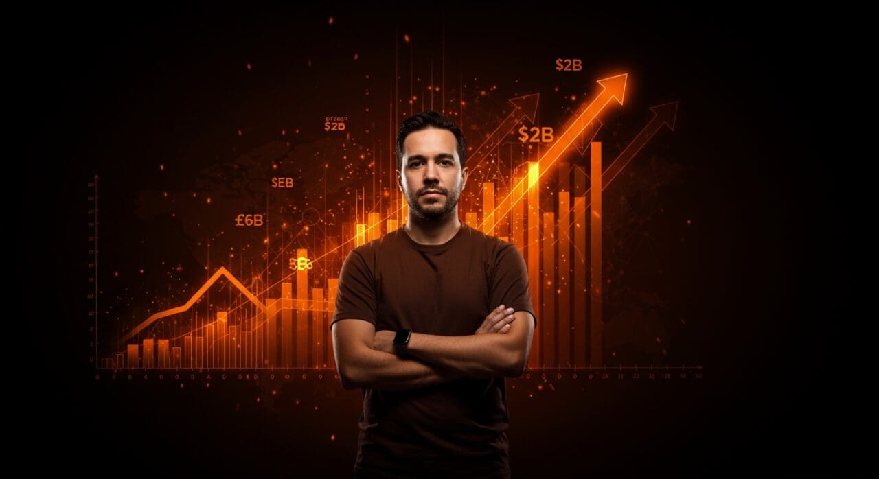Retrato de Shayne Coplan fundador de Polymarket con gráficos de blockchain y mercados de predicción, simbolizando éxito y multimillonario en startup cripto.