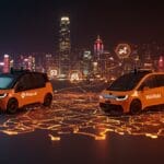 Vehículos autónomos de Pony.ai y WeRide en un mapa digital de Hong Kong representando su listado autorizado y liderazgo en movilidad autónoma.