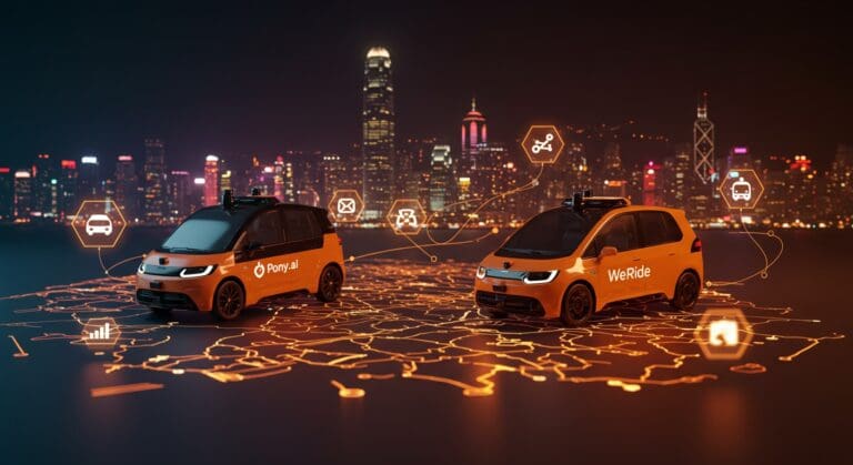 Vehículos autónomos de Pony.ai y WeRide en un mapa digital de Hong Kong representando su listado autorizado y liderazgo en movilidad autónoma.