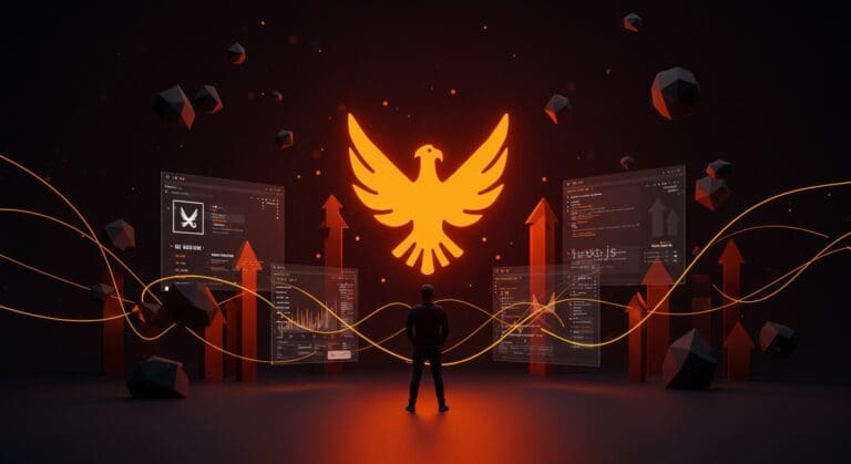 Comparación visual entre frameworks web destacando Elixir Phoenix con un fénix y símbolos de escalabilidad y desarrollo fullstack para startups tecnológicas.